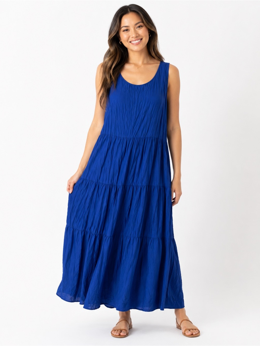 Eileen Fisher 100% Silk Crinkled Tiered Maxi Dress Blue XL
